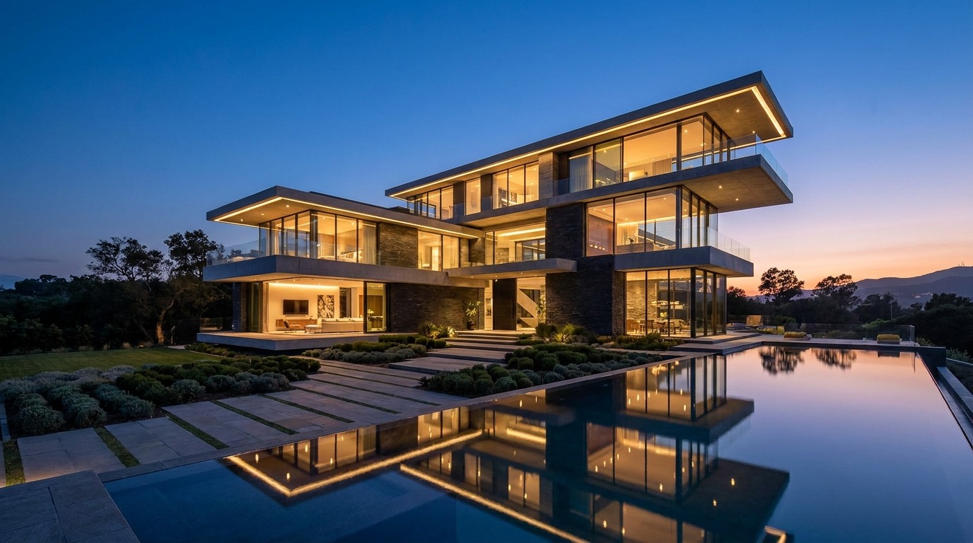The Glass Pavilion — a cinematic estate at dusk